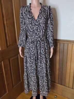 Max Studio Black Pink Floral Maxi Dress with Tie Waist L